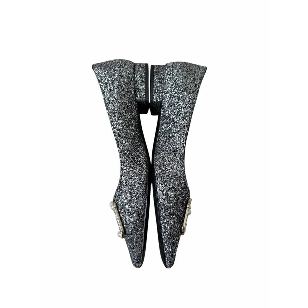 Kate Spade Buckle Up Glitter Flats Black Silver 10.5 Point Toe - Picture 3 of 9